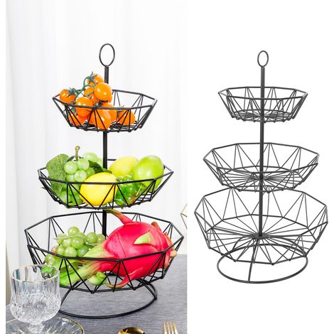 Corbeille à fruits créative en fer forgé pour la maison, assiette à bonbons et fruits, style nordique, assiette à fruits secs minimaliste à trois niveaux, hexagonale noire à trois niveaux. (1/5)