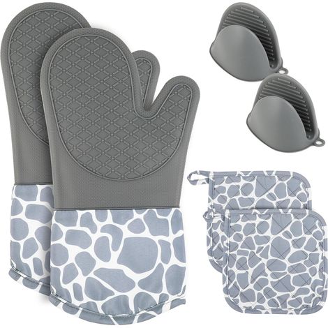 Lot de 6 gants cuisine/maniques, résistants à 230 °C, inclut 2 mini gants silicone + 2 gants + 2 maniques, gris (1/5)