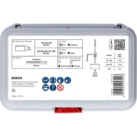 Bosch Set de scies-cloches pour bois et plaques de plâtre avec porte-foret + foret-centreur, 22-68x15 mm (1/5)