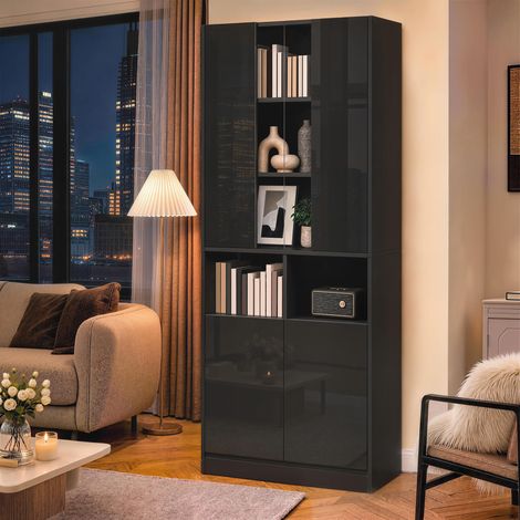 Meuble de rangement haut en acrylique transparent avec vitrine LED, pilotable via application, 2 portes, étagères ajustables, idéal salon, entrée ou chambre, double corps. (1/5)