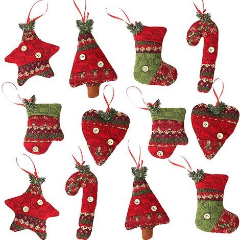 12 Pcs Noël Ornements De Sapin De Jute Décorations Suspendues, Chaussette De Noël Gant Canne Arbre Étoile Décor En Forme De Coeur, Sapin De Noël Ornements Suspendus pour Décoration De Fête De Vacances (1/5)