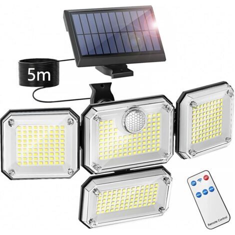 Lampe solaire d'extérieur avec détecteur de mouvement, projecteur LED de sécurité étanche IP65, 3 modes d'éclairage et 4 têtes d'éclairage réglables (1/5)