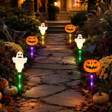 Lot de 6 guirlandes lumineuses solaires décoratives pour Halloween - Motif citrouille et fantôme - Idéales pour les allées et la pelouse. (1/5)