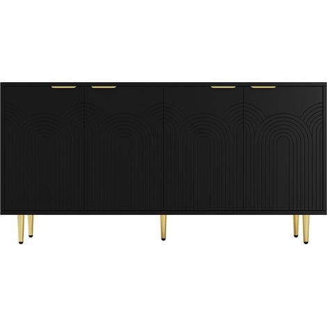 Credenza soggiorno nera 4 ante 160x80x40 cm con maniglie oro spazzolato e gambe lucide (1/5)
