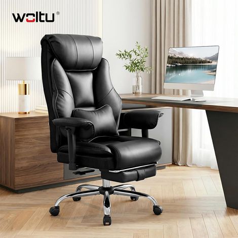 WOLTU Silla de oficina con reposacabezas, cojín lumbar, reposapiés retráctil, reposabrazos ajustables de PU y respaldo reclinable hasta 135°, negro (1/5)