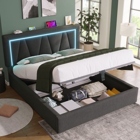 Letto matrimoniale 160x200 cm grigio in lino con LED, USB-C e contenitore (1/5)