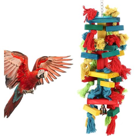 1 Jouet Perroquet, Bois Naturel, Blocs Colorés, Corde Coton, Pour Oiseaux Moyens Et Grands (1/5)