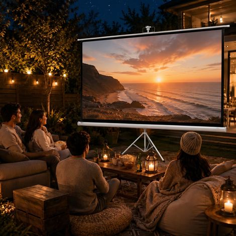 Écran projection 100 pouces avec trépied, hauteur réglable, 4K HD 16:9. Portable et pratique, idéal pour les présentations en déplacement professionnel. (1/5)