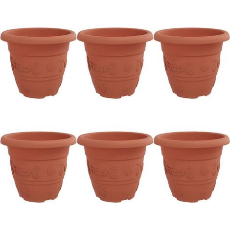 Six pots de fleurs ronds, rouge brique, 22 cm de diamètre, 18 cm de hauteur, en plastique. (1/5)