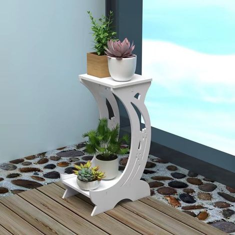 TrAdE Shop Traesio - Tavolino Supporto Portavasi Piante Bianco A 2 Ripiani Design Curvo A Mezzaluna Intagliato - (1/2)