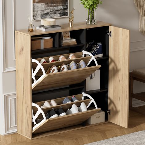 Meuble à Chaussures 90x24x94 cm avec 2 Abattants et 1 Porte, Étagères Réglables, Rangement Chaussures Gain de Place - Effect Bois (1/5)