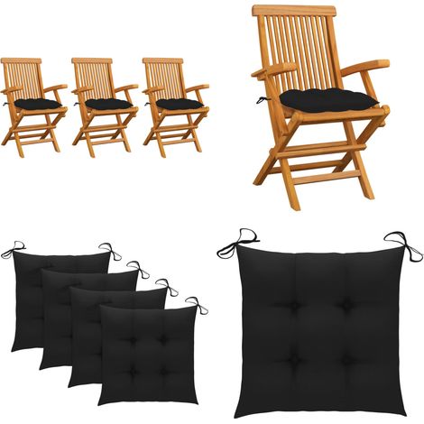 Chaises de jardin avec coussins noir lot de 3 Bois teck massif - Chaise De Jardin - Mobilier De Jardin - Fauteuil De Jardin - Terrasse - Jardin - Home & Living (1/5)