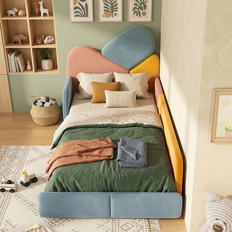Mobliva Lit enfant capitonné 90x200 cm, lit simple multicolore avec barrières de sécurité latérales, lit à fond souple avec tête de lit rembourrée et protection anti-chute pour chambre d'enfant (1/5)