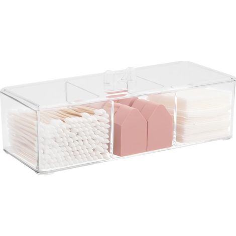 Caja transparente de 3 compartimentos con tapa, para bastoncillos de algodón, organizador cosmético apilable para el baño. (1/5)