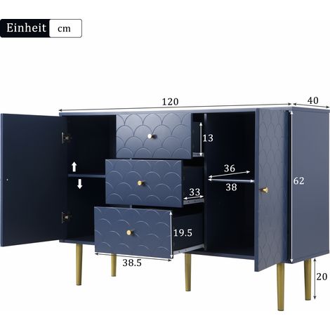 (=905467AAB)Kommode Sideboard mit 2 Türen und 3 Schubladen, Verstellbare Ablage, für Wohnzimmer Schlafzimmer, Marineblau, H83/B120/T40 cm (1/5)