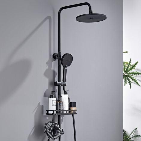 Auralum Max Schwarz Duschsystem Selbstreinigend Regendusche Duscharmatur Duschset mit 10 Zoll Duschkopf, Handbrause mit Schlauch, Duschablage & Höhenverstellbare Duschstange für Badewanne & Dusche (1/5)