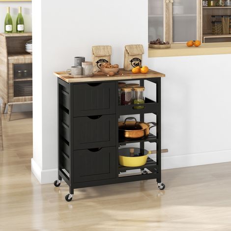 Carro de Cocina Carrito Auxiliar con Ruedas con 3 Cajones 2 Estantes Abiertos y Bandeja Extraíble 67x37x85,5 cm Negro (1/5)