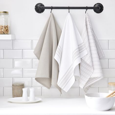 Lot de 3 Torchons "Essential" en coton - Beige et Blanc - 50 x 70 cm - Livraison gratuite