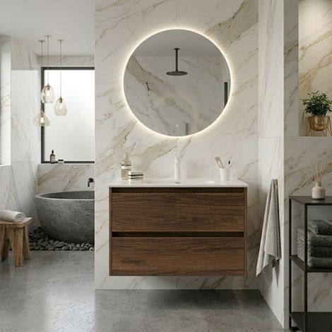 Mobile Bagno Sospeso 100 cm con 2 Cassetti e Lavabo Incasso Noce Maya – Linea
