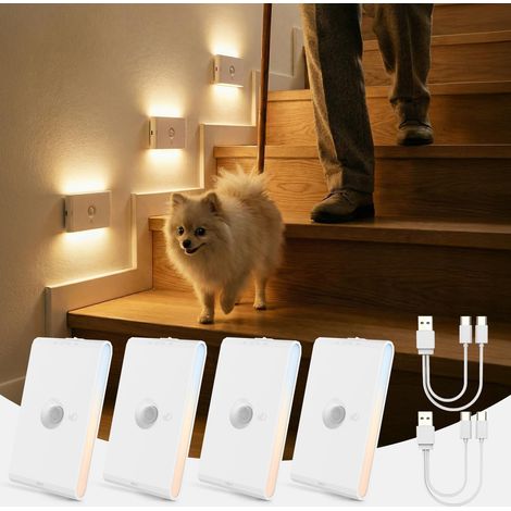 Lot de 4 Veilleuse Capteur Mouvement Rechargeable USB 3 Modes LED Intérieur Escalier (1/5)