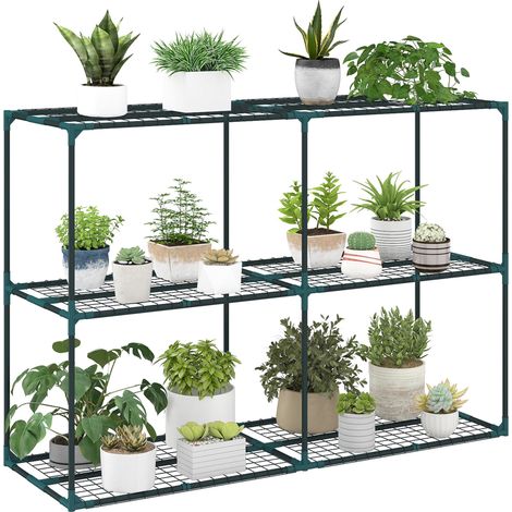 Support à plantes à 3 niveaux, 100 cm de hauteur, étagères en acier vert foncé, structure à plusieurs niveaux.