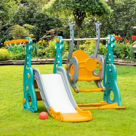 4-in-1 Kinderrutsche und -schaukel mit Basketballkorb, verstellbarem Sitz, 152 x 149 x 107 cm, blau und gelb
