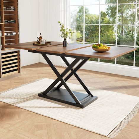 Table à manger télescopique 120-160x80 cm extensible couleur noyer avec pieds croisés en métal noir (1/5)