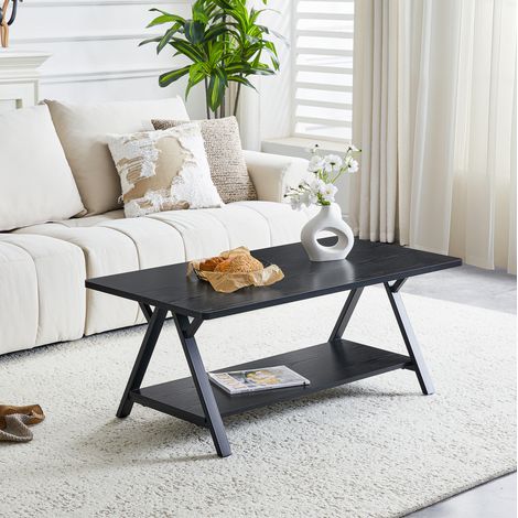 Table basse industrielle 110x57x44,5 cm avec rangements, structure métallique, MDF noir effet bois (1/5)