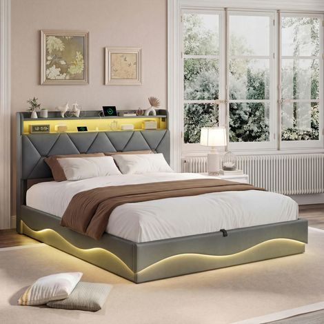 Letto contenitore 160x200, letto 160x200 con sommier LED con testiera contenitore, struttura del letto design ondulato effetto nuvola, porte USB & Type-C, illuminazione RGB regolabile, letto matrimoni