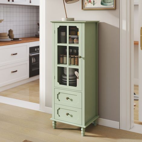 MODFU – Credenza vetrina verticale 50x40x133 cm in MDF e vetro di sicurezza con ante in vetro, 2 cassetti, cornice vintage, piedini in legno massello e portata 20 kg – Verde menta (1/5)
