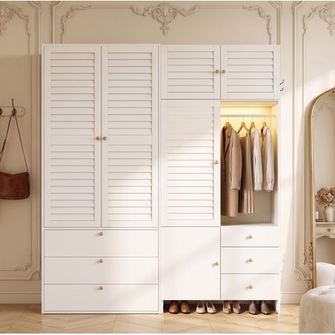 Armadio con cesto portabiancheria, illuminazione a LED, asta appendiabiti e 6 cassetti, realizzato in truciolato bianco, 180x50x200 cm (1/5)