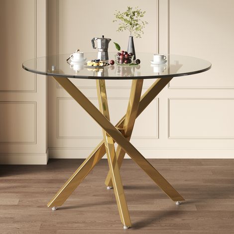 Table ronde en verre trempé 80x80x75cm, piètement doré, design minimaliste, plateau transparent élégant et structure stable (1/5)