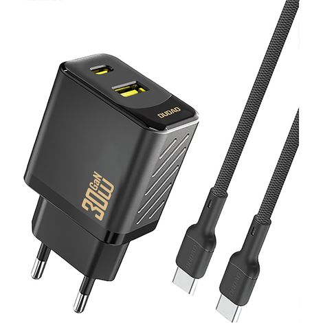 USB-A/USB-C-Wandladegerät mit USB-C-GaN-PD-30-W-Kabel – Schwarz