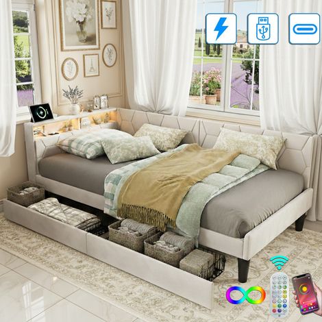 Lit double 90x200 cm avec 2 tiroirs, tête de lit LED, rangements intégrés, chargement USB + Type-C, convertible en 2 formes, tissu velours - Beige (1/5)