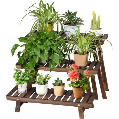 GOPLUS Support de Plantes avec 3 Etageres Separees, Supports de Fleurs en Bois, Stockage d'etagere de Pot de Support de Plantes en Bois a Plusieurs Niveaux, pour Balcon Jardin (1/5)