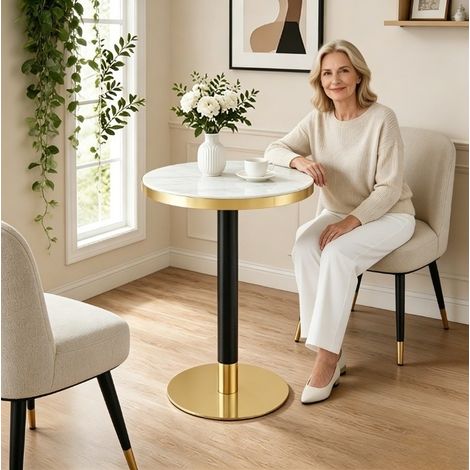 Table basse ronde effet marbre 60 cm avec bord doré, piètement métal noir et or, blanc HAVRYA (1/5)