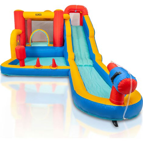 KiNDi DPZ011 Parco giochi gonfiabile con scivolo acquatico e lunga pista di scivolo 265x560x200 cm PVC, ventilatore 450W, per 3 bambini, multicolore