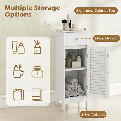 Rangement compact pour petite salle de bain : meuble étroit blanc avec tiroir et étagère réglable (1/5)