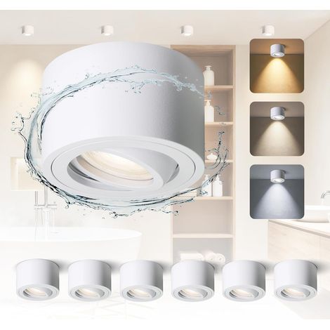 6 Pièces LED Spots en Saillie Orientables à 30°, 5W 520LM Spots de Plafond à 3 Couleurs Réglables, Spots IP65 Étanche Plafonnier Salle de Bain, Module LED 230V IRC90+, Ø80x50mm (1/5)