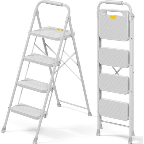 Escabeau à 4 marches Pliable en Acier Gris Clair, Rampe, verrou sécurité, Charge 150 KG, léger pour Maison Cuisine Garage Bureau (1/5)