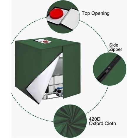 Bache pour Cuve 1000L IBC. 420D Réservoir d'eau Couvercle. Anti-UV Housse Protection Cuve. Bâche de Protection Cuve IBC avec Fermeture éclair. 120 x 100 x 116 cm(Vert) (1/3)