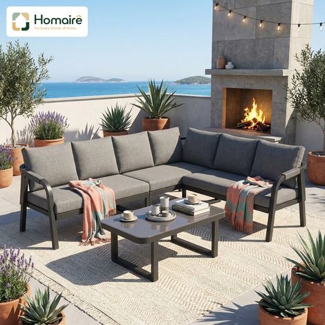HOMAIRE Gartenmöbel-Set Eckstellung Grau für bis zu 6 Personen mit geflochtenen Lehnen, verzinkten Stahlrohren, Ecksofa und Couchtisch