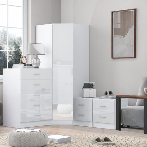 Reflect 1 Door Corner Wardrobe, 5 Drawer Chest, 2x 2 Drawer Bedsides - White Gloss & Matt White - Bedroom Furniture Set