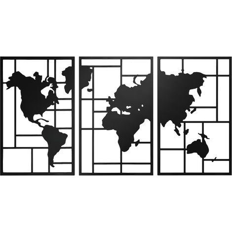 Décoration murale en métal 3 pièces carte du monde, 50 x 80 cm, noire (1/5)