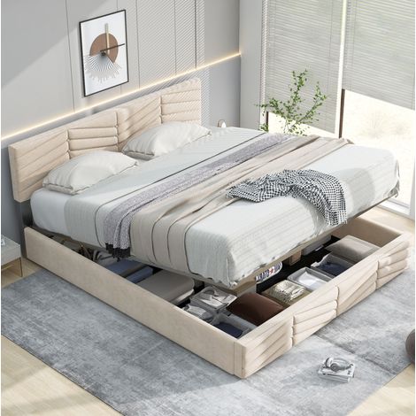 Bett Polsterbett 140x190 Kopfteil Samt Beige HAVRYA (1/5)