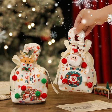 Weihnachtsgeschenktüten – Süßigkeitentüten – Wiederverwendbare Weihnachtsgeschenktüten mit Kordelzug und Weihnachtsmannfigur – Handtasche zum Einpacken von Apfelbonbons (1/4)