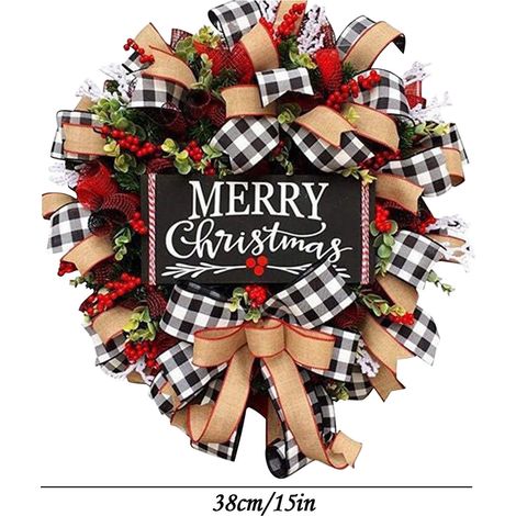 Guirlande De Noël Artificielle - Couronne De Porte Avec Nœud En Plaid Et Baies Rouges - Pour Décoration Intérieure Extérieure - Diamètre 45 Cm (1/2)