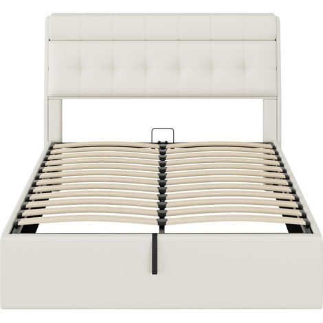 Letto Contenitore 140 x 200 cm, Letto Matrimoniale con Vano Nascosto e Sollevamento Idraulico, senza Materasso, PU Bianco (1/5)