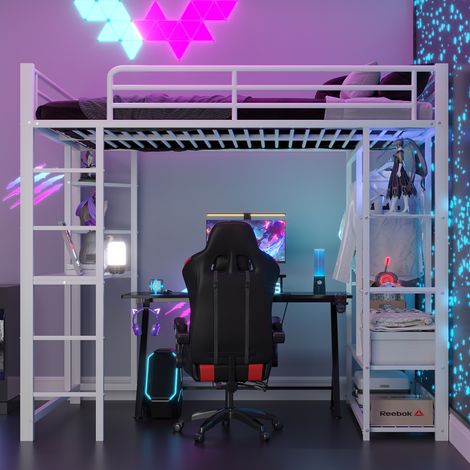 Lit surélevé 90x200 cm avec échelle, lit simple enfant équipé d'un bureau, d'une penderie et de tablettes, blanc