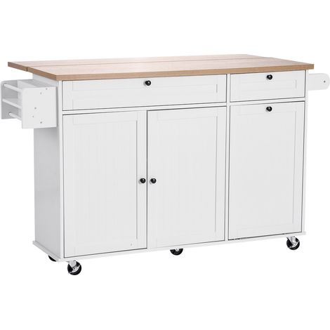 Mophorn Mobiler Kücheninselwagen mit Stauraum, 153 cm breiter rollender Küchenwagen mit Klappe, 2 Schubladen, Mülleimerschrank, Messer-Organizer, Gewürzregal und Handtuchhalter, Tisch für Essbereich